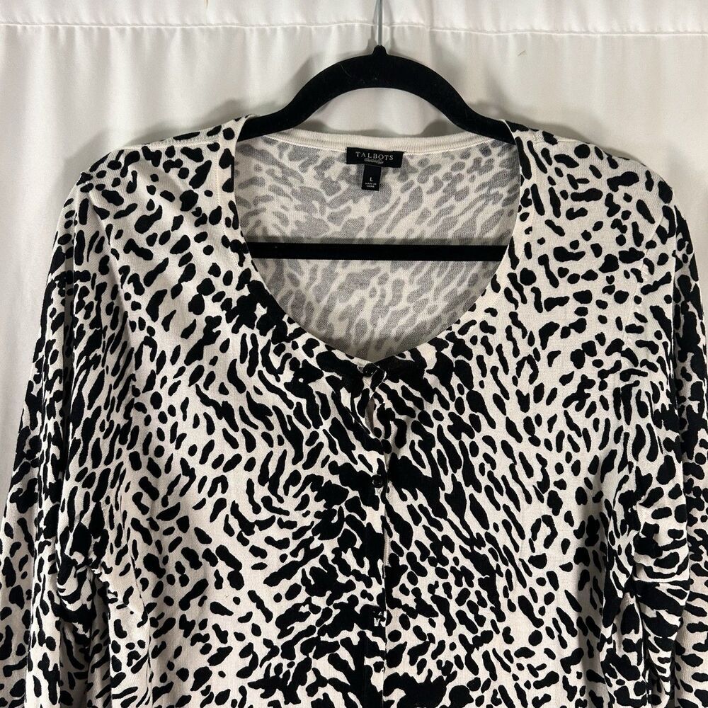 Talbots Cardigan Women's Large Black White Animal Print Button Up 3/4 Sleeve